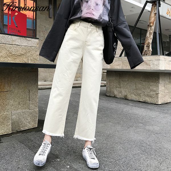 

hirsionsan white jeans woman 2019 spring korean loose bf style denim pants ankle-length straight jeans plus size boyfriend, Blue