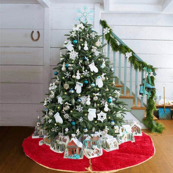 

1pc new christmas tree red plush skirt scene layout tree skirts merry christmas decor new year festive party supplies practical