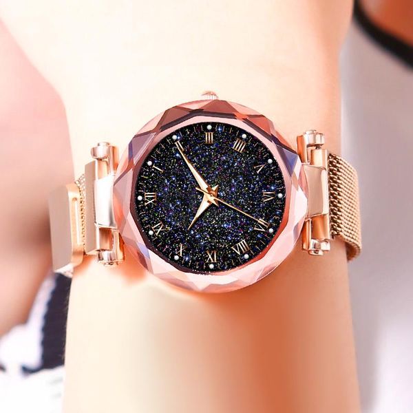 

women magnetic luxury watches stainless steel mesh band quartz wristwatch ladies roman number starry sky watch reloj mujer, Slivery;brown