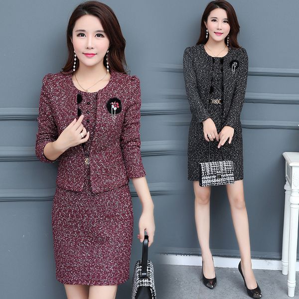 

autumn women's woolen dress suits woolen dresses sets chains short jacket slim pencil dress two piece set, Gray