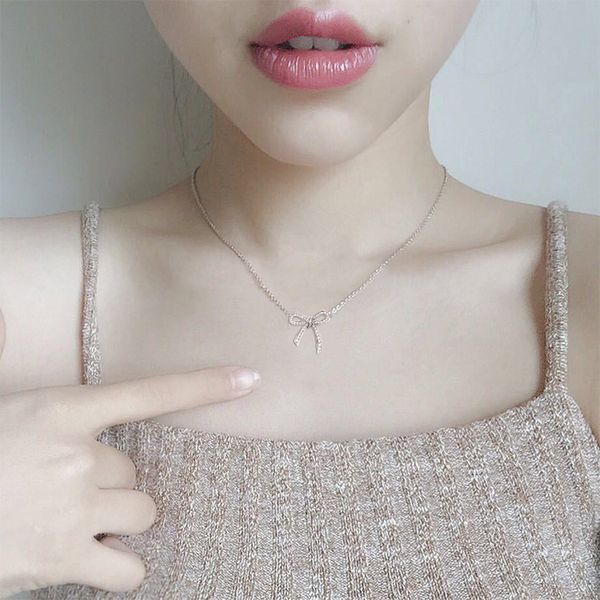

bow jewelry necklace female s925 sterling silver clavicle chain simple day korean fresh sweet student all-match accessories, Golden;silver