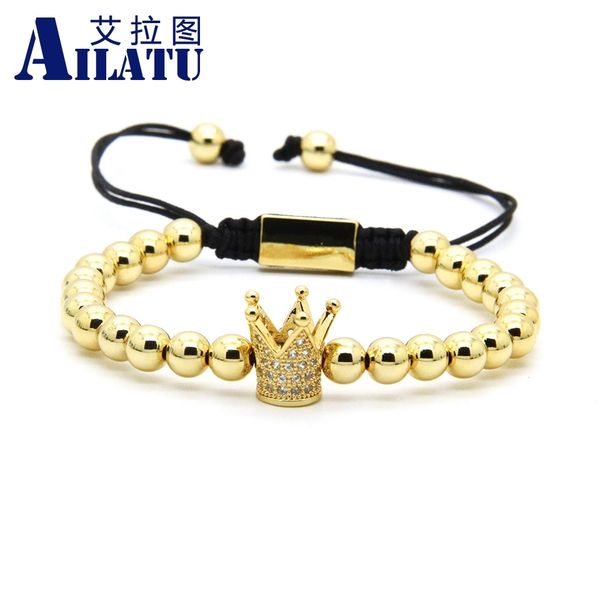 

ailatu clear cz crown braided charm men bracelet wholesale 6mm brass beads party gift jewelry, Golden;silver
