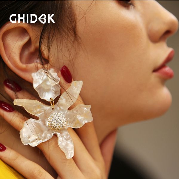 

ghidbk 2018 acrylic big flower ear clip on earrings for women rhinestone resin large earrings oversized non pierced, Silver
