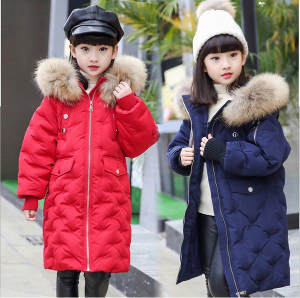 

2018 new design girl boy thick jackets real fur hooded long coat kids big girl for cold russia winter clothing dress overcoat, Blue;gray