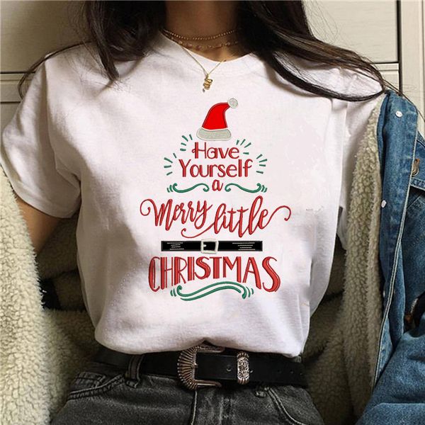 

merry christmas women t-shirt letter print cartoon girl tee christmas tree female, White