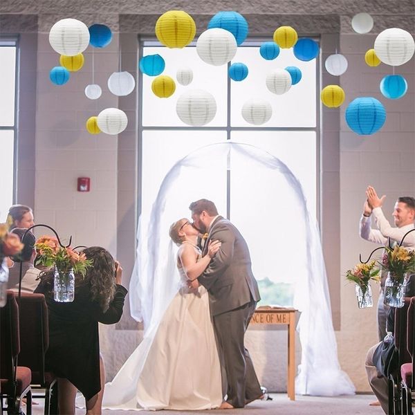 8 12 White Yellow Blue Paper Lantern Mixed Sizes Round For Wedding