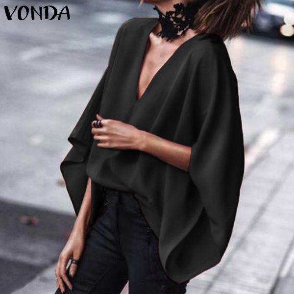 

vonda women blouses shirts 2019 autumn v neck long batwing sleeve casual loose plus size blusas feminina, White