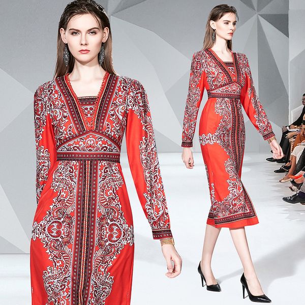 

luxury spring fall vintage printed dress runway women's v-neck pleated dress beautiful office lady business elegant slim party prom dre, Black;gray