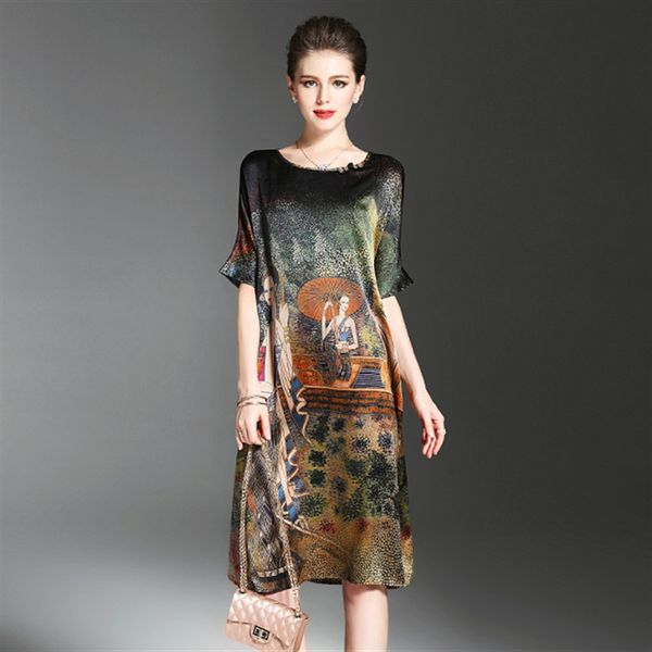 

Vintage Ethnic Painting Design Print Dress Women Summer Half Sleeve Soft Silk Dresses Elegant Woman Brand Vestidos O-Neck Plus Size