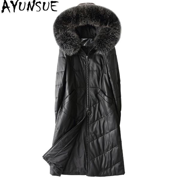 

ayunsue genuine leather jacket women real sheepskin coat female 2019 long slim winter down jackets natural fur hooded 7090, Black