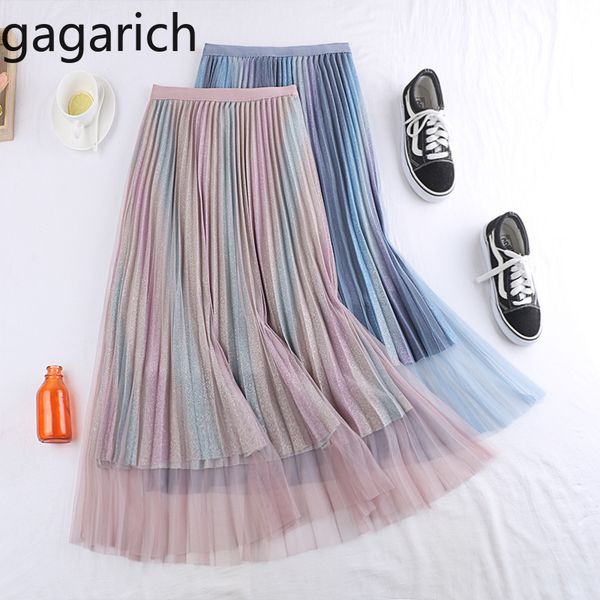 

gagarich spring women casual mesh pleated skirt lady shinny bright silk midi long skirts korean fashion a line half length jupe, Black