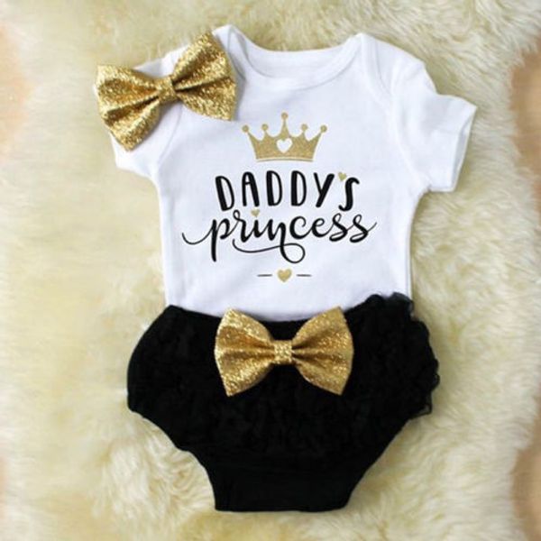 

2020 baby summer clothes daddy princess newborn girls romper + sequin bow tulle pants headband 3 pcs clothing sets, White