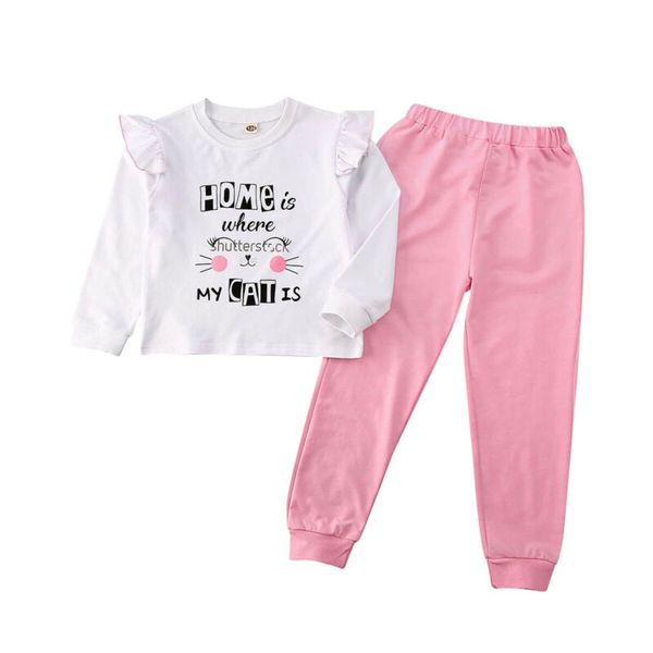 

Kids Baby Girls Clothes Cute Cat T-shirt Ruffle Tops+Solid Long Pants Outfits Toddler Girl Spring Autumn Clothing 2-7Years