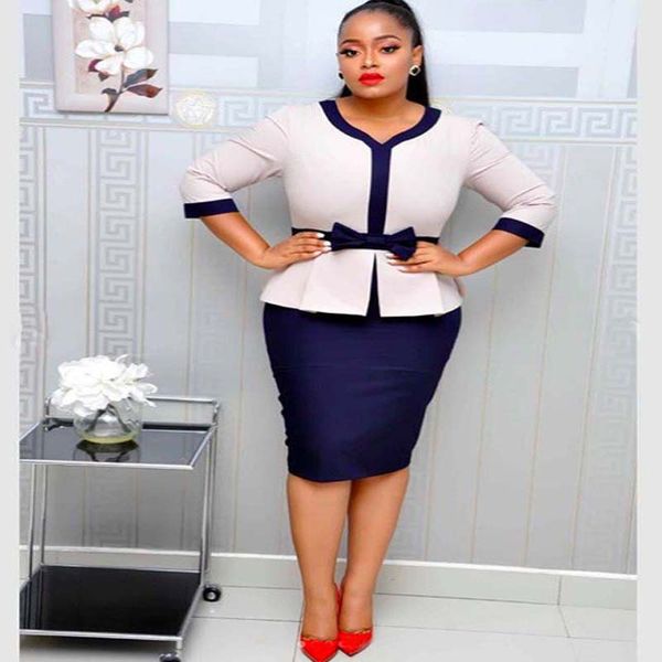 

african clothes two piece set women new spring v-neck patchwork bow pencil skirt suit office lady bodycon, Red