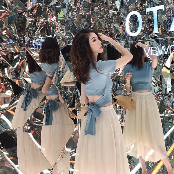 

2020 two piece set women solid color backless and long skirts suit summer short sleeve a-line skirt t shirts 2 piece set, White