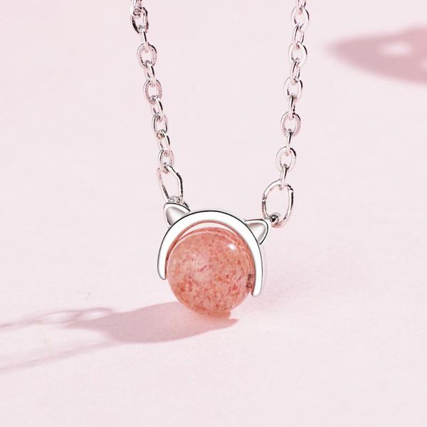 

wholesale 925 sterling silver fashion cute cat animal pink rhinestone ladies`pendant necklace women short chain wedding gift