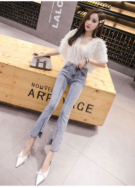 

light blue his trousers split micro flared trousers jeans are female
