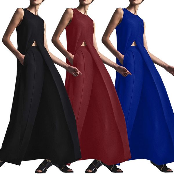 

high splits party night dress wide leg pants 2 pieces sets women long beach casual sets solid summer sleeveless outfits, White