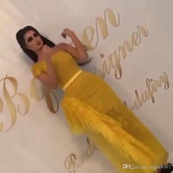 

2019 новый желтый шнурок blingbling вечерние платья оболочки одно плечо с длиной стороны sash пола назад сплит юбка пром gowns, Black;red