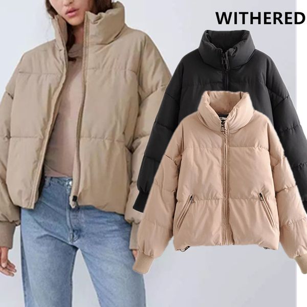 

withered 2019 winter coat women england vintage high street solid bread loose oversize thick warm parka short coat women, Black