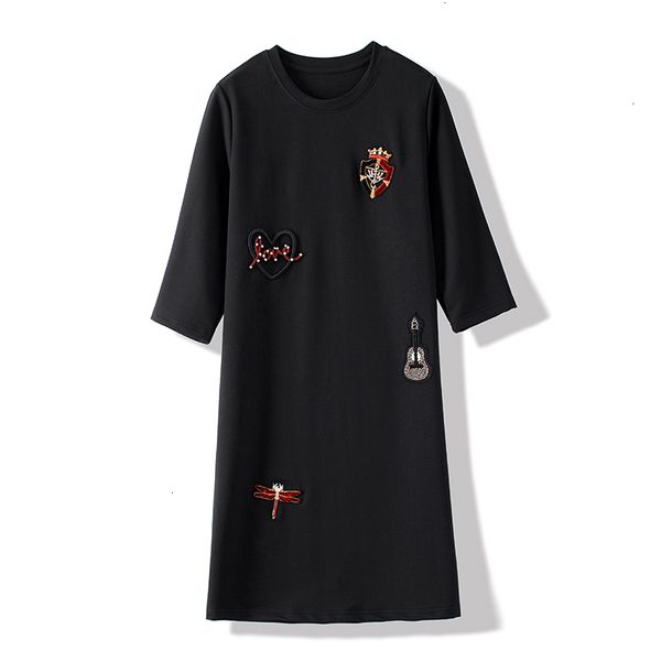 

ladies dresses women clothes handmade badge appliques women casual dresses beading long shirt dress women polyester black dress summer, Black;gray