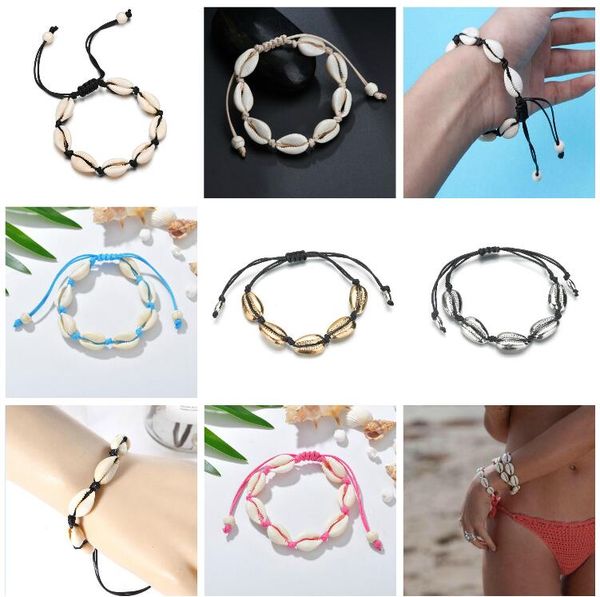 

hawaiian style handmade natural seashell hand knit bracelet shells bracelets women accessories beaded strand bracelet 10 colors, Golden;silver