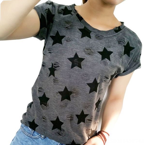

2020 large size black five-pointed star t-shirt dress hole roll sleeve t-shirt women's dress, White