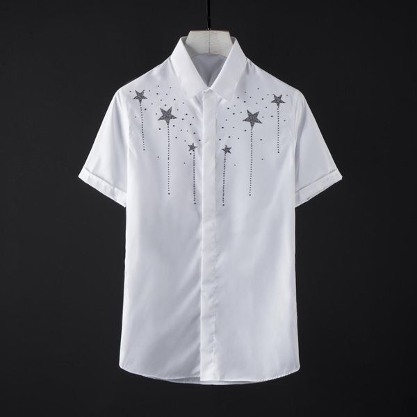 

minglu cotton mens shirts luxury czech crystal drill design short sleeve mens dress shirts plus size 4xl starry slim man, White;black