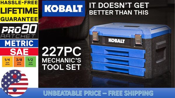 

Kobalt 227 piece tandard ae and metric poli hed chrome mechanic 039 tool et