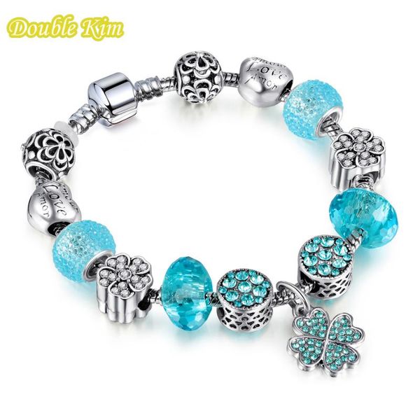 

charm bracelets alloy zircon silver plated four-leaf clover pendant blue beads classic for european woman men gifts wholesale, Black