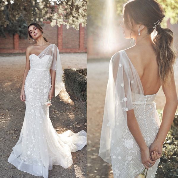 

sweetheart one shoulder wedding dresses mermaid sweep train long lace appliqued bridal gowns country garden 2020 new wedding dress, White