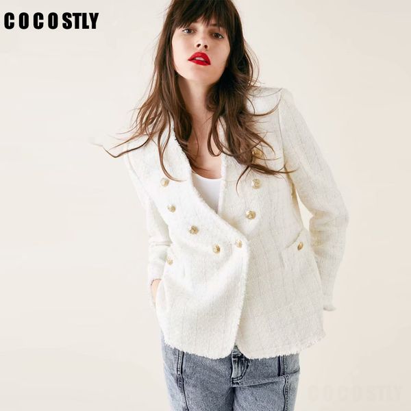 

spring blazer women chic plaid tweed blazer pockets fringe tassel long sleeve coat female casual outerwear, White;black
