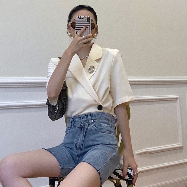 

summer female suit casual solid color single button short sleeve suit, White;black