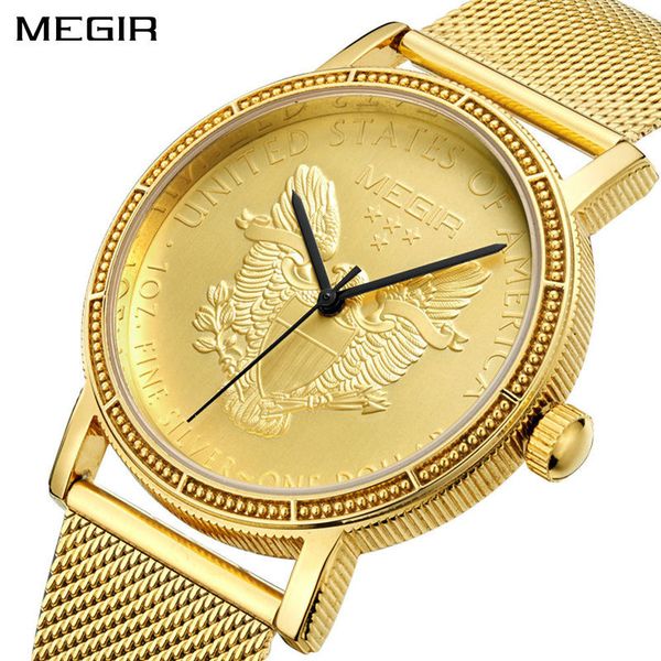 

megir fashion brand quartz men watch luxury gold color wrist clock staninless steel relogio masculino 2032 xfcs, Slivery;brown