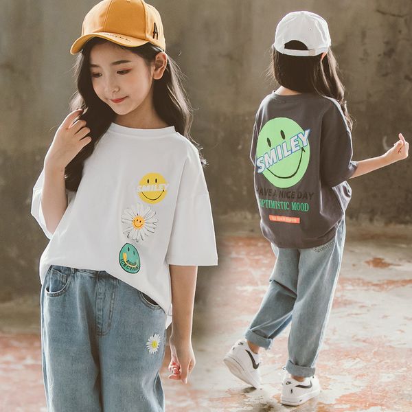

kids girls summer tees children chrysanthemum printed cotton t shirts teenage girl t-shirt clothes for girls 8 10 12 years, Blue