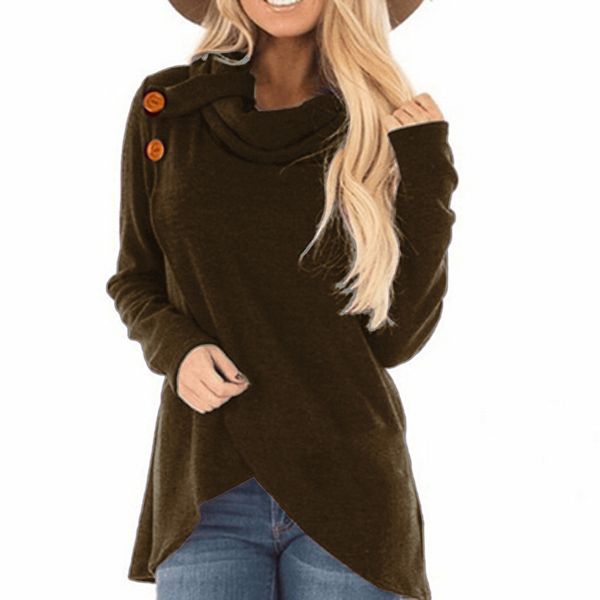 

autumn turtleneck women shirt solid color long sleeve casual pullover ladies streetwear with button blouse for women /pt, White