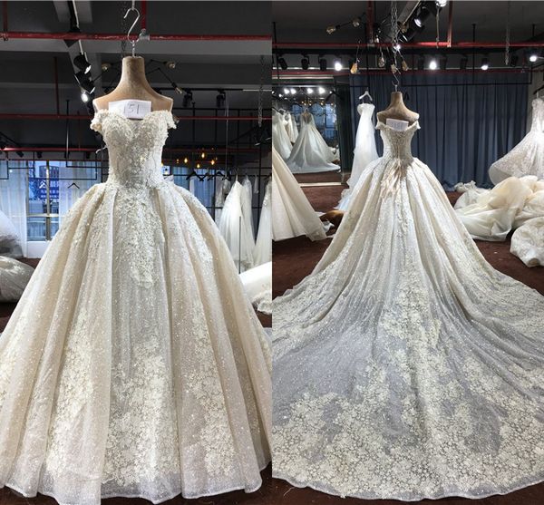 

luxury lace appliqued sparkly beaded off shoulder a-line wedding dresses shinny crystal sequined vintage court train bridal gown, White