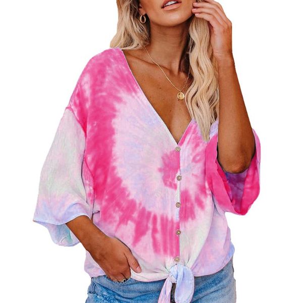 

calofe women 2020 fashion tie dye print blouse shirts v neck short sleeve shirt spring summer blusa feminina, White