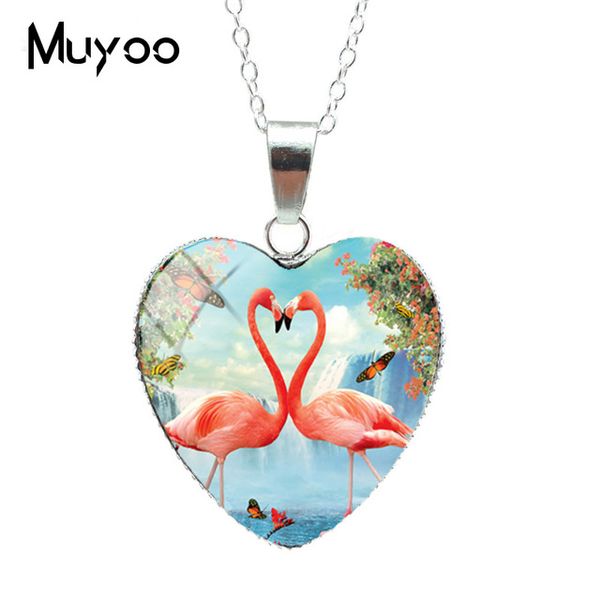 

beauty red pink flamingo love couple glass cabochon heart jewelry necklace beauty flamingo birds patterns heart pendants hz3, Silver