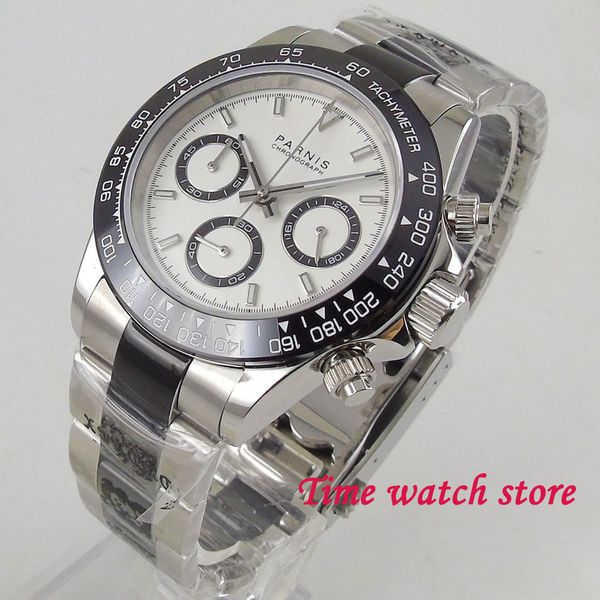 

39mm quartz men's watch full chronograph luminous swatch sapphire glass black bezel solid bracelet 2023, Slivery;brown