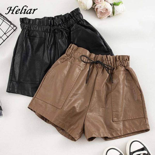 

women solid wrastring elastic waist high waist pu shorts wide leg outwear shorts 2019 autumn ins high street, White;black