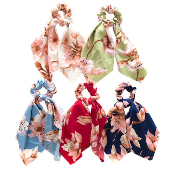 

printed floral ribbon hair band knotted ponytail large intestine circle color printed fabric circle ornament set, Golden;white