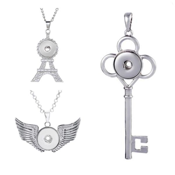 

wing key tower metal snap pendant necklace with 50+5 chains fit 18mm snap buttons fashion diy accessories for jewelry, Silver