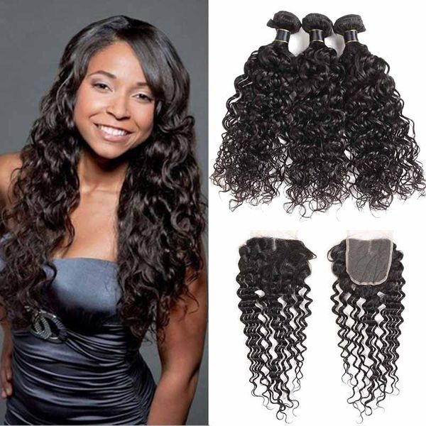 

brazilian virgin human hair water wave 3 bundles with 4x4 lace closure part or middle part brazilian water wave virgin hair wefts, Black