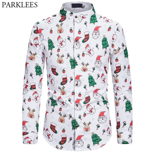 

christmas shirt men snowman elk print mens dress shirts casual slim fit stand collar white chemise streetwear blouse clothing, White;black