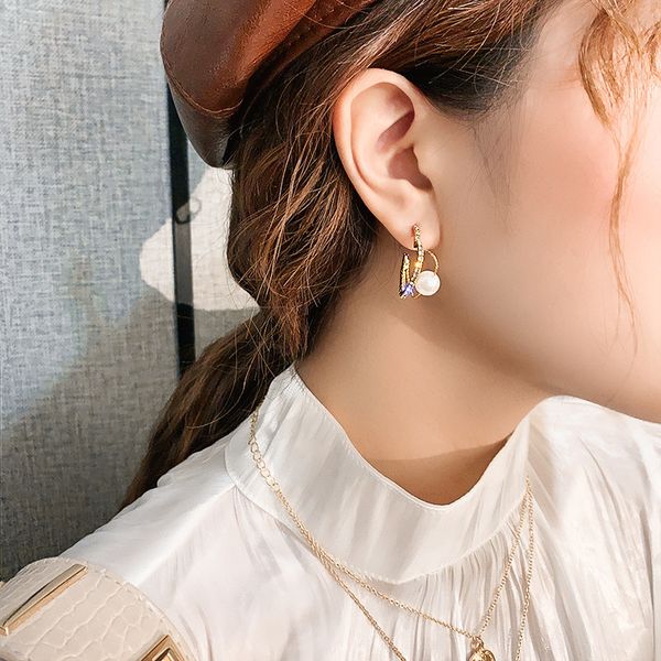 

open heart stud earrings for women quality golden metal jewelry fashion white simulated pearl lady gift, Golden;silver