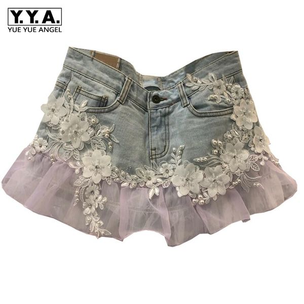 

summer fashion mesh lace stitching flower beaded light denim shorts women high waist wide leg jeans shorts mini, Blue