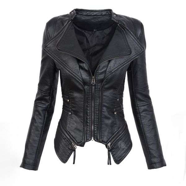 

pu leather jacket woman long sleeve slim zipper fashion lady, Black;brown