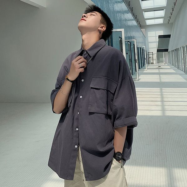 

ewq / men's wear 2020 summer men's fashion double pockets three quarter sleeve korean trendy loose shirt casaul 9y1648, White;black