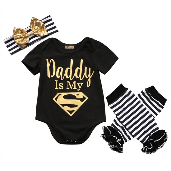 

baby girls clothing sets newborn infant baby girls clothes letter romper+ striped leg warmer headband outfit set 3pcs, White